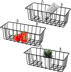 3 Pack Grid Panel Hanging Wire Basket, Storage and Display Basket for Wall, Kitchen, Home Decor Supplies, Potted Plants, Black