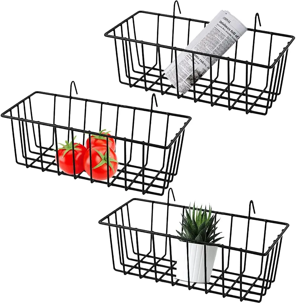 3 Pack Grid Panel Hanging Wire Basket, Storage and Display Basket for Wall, Kitchen, Home Decor Supplies, Potted Plants, Black