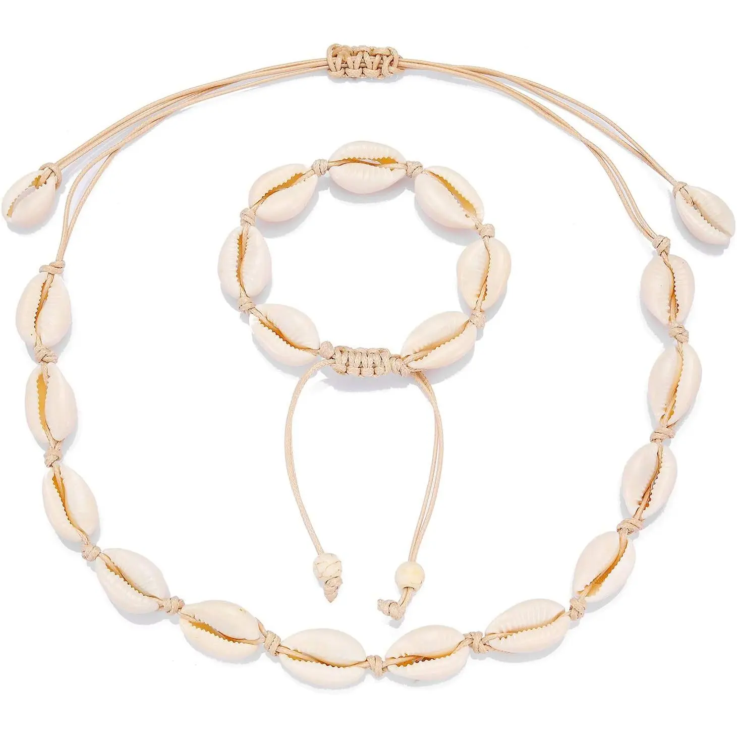 2-Piece Shell Jewelry Set for Women, Handmade Bohemian Puka Shell 24-Inch Choker Necklace and Adjustable Braided Rope Anklet with Slip Knot, 24 Inches, Beach, Casual, Female