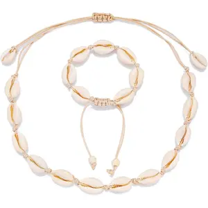 2Pcs Shell Necklace Anklet for Women Handmade Adjustable Puka Beach Shell Necklace Set