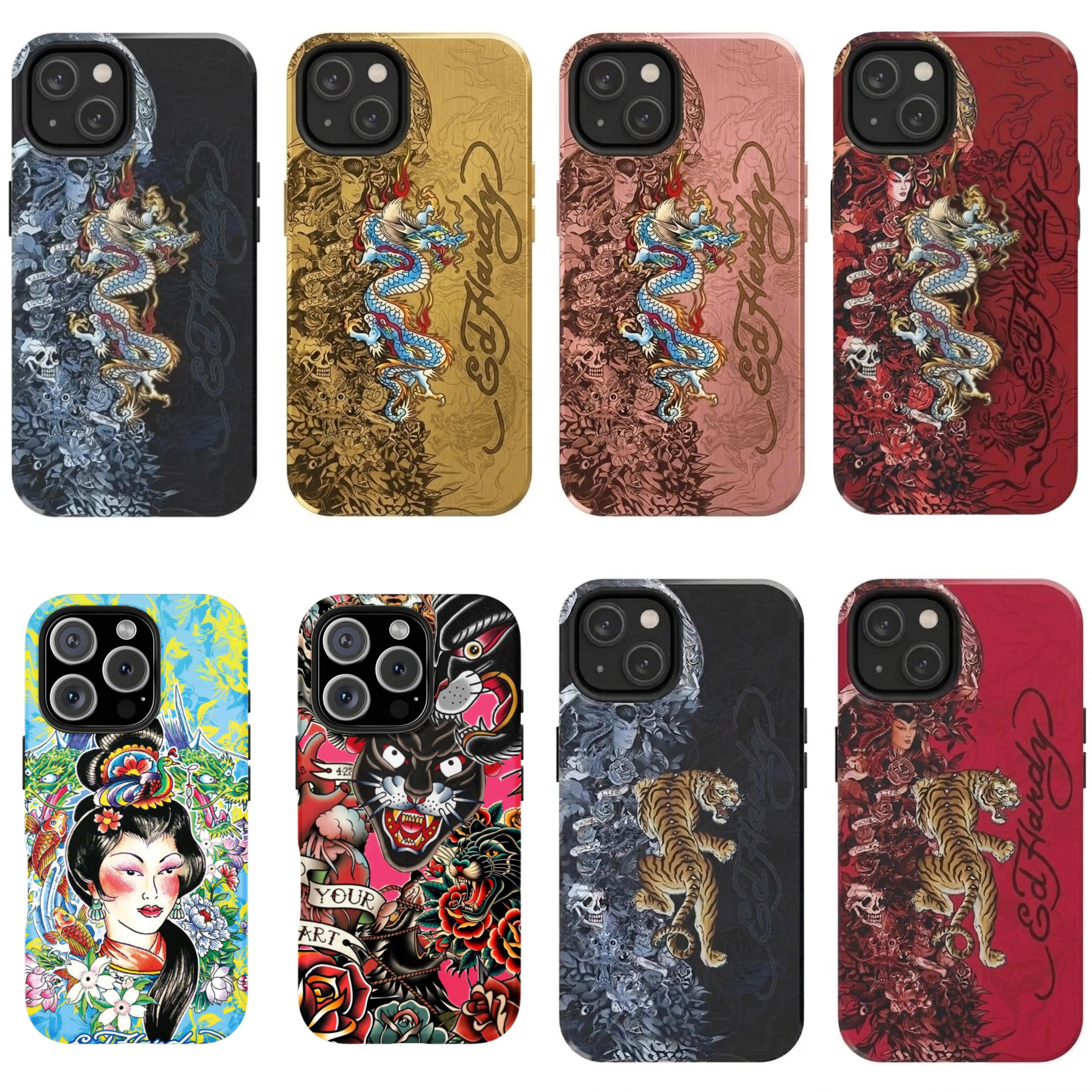 Pink Ed Hardy Skull Leopard Phone Case, Tattoo Style Collage Cover, Y2K Aesthetic Protective Case