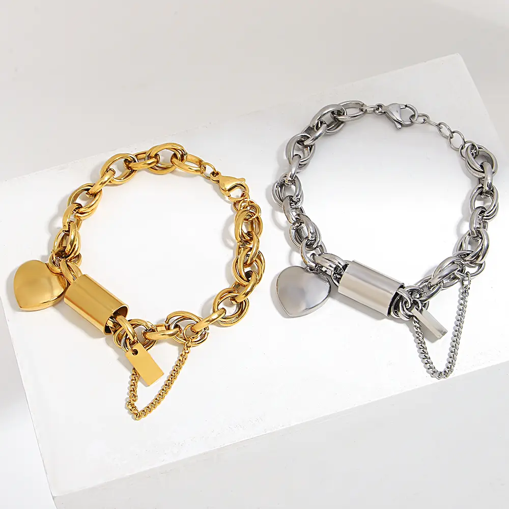 Chunky Chain Heart Charm Bracelet for Women, Edgy Y2K Heavy Metal Link Bracelet with Cylinder Tube and Dangle Chain, Streetwear Grunge Gothic Jewelry Gift for Teen Girls backtoschoolshopping