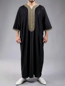 Islamic Moroccan Men's Long Robe, Traditional Fasting Festival Clothing, V-Neck Embroidered Kaftan for All Seasons