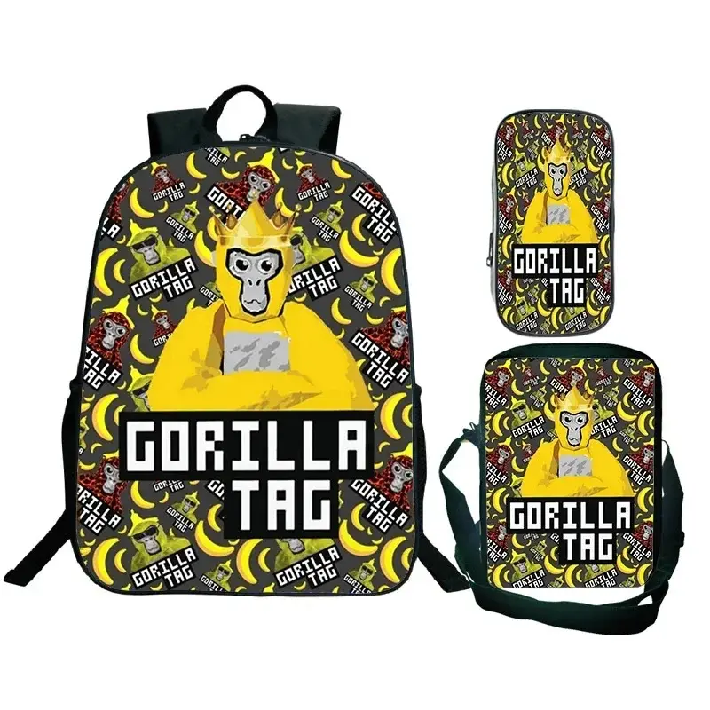 Mens Womens Backpack Game Gorilla Tag Print Backpack with Shoulder Bag Pencil Case Funny Cartoon Schoolbag Waterproof Boolbag 3Pcs Set