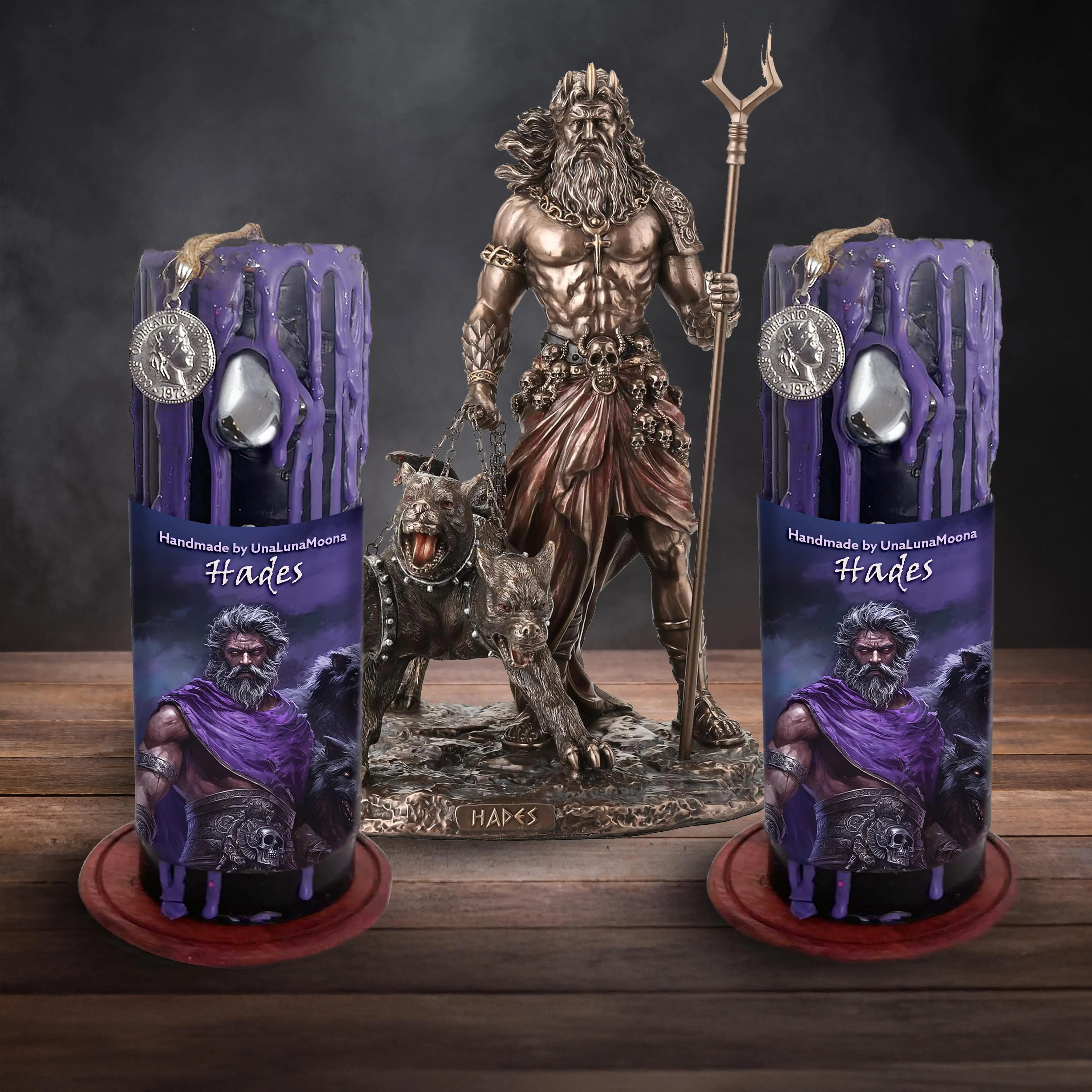 UnaLunaMoona Hades Deity Candle - Witchcraft Candle with Coin Charm & Hematite Stone for Rituals of Protection and Transformation - Deity Altar, Decoration, Decor, Ornaments, Gift, Greek, Freshener, Spiritual Set