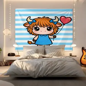 Cartoon Highland Cow Print Tapestry, Cute Kawaii Fabric Wall Cloth, Fresh Plaid & Stripe Decor Wall Hanging for Bedroom & Dorm, Ideal Gift for Girls & Best Friends