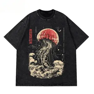 Kyn Apparel Oversize Vintage Man Cotton T-Shirts Swimming Colorful Jellyfish Print Mens Short Sleeve Japanese Harajuku O-Neck Tops All-math