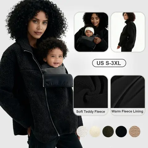 Pwest MAMA Women Before & After Babywearing Fleece Jacket Soft Teddy Fleece, Long-sleeve Zippered Jacket with Pocket, Detachable Babywearing Panel, Winter Warmth, 2 in 1 Design-Black-BlackFriday