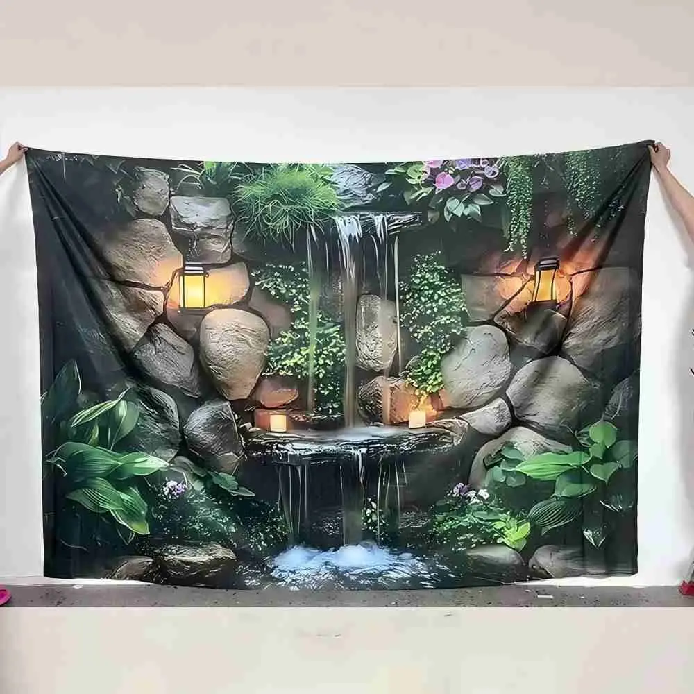 2D Flat Banner, Waterfall Garden Hanging Tapestry, Natural Rock Wall Plant Background, Bedroom Living Room Decor, Party Tropical Garden Backdrop, Wall Tapestries