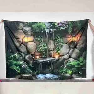 2D Flat Banner, Waterfall Garden Hanging Tapestry, Natural Rock Wall Plant Background, Bedroom Living Room Decor, Party Tropical Garden Backdrop, Wall Tapestries