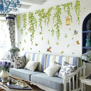 A set of three (30*90cm*3pcs) new-style gold stamping process vine leaf and bird spring and summer wall stickers for living room and bedroom decoration, background beautification wall decals Decorative Wall Sticker (TJ15502-ZJ)