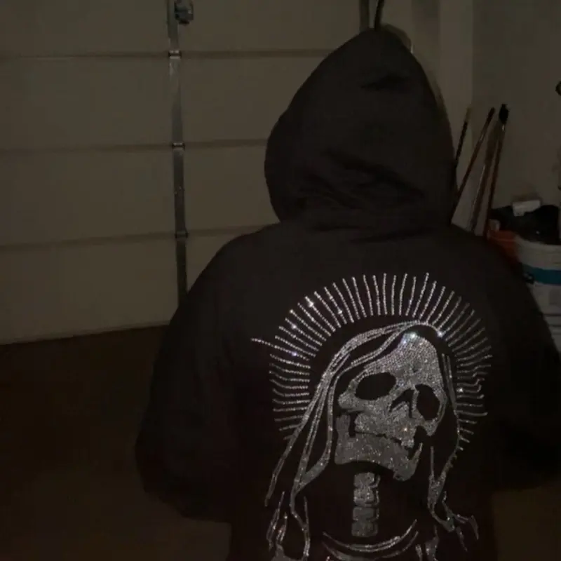 Santa Muerte Rhinestone Zip Up Hoodie with Glitter Skull Design for Edgy Style
