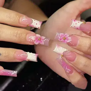 24pcs Square Press-On Nails, Sweet Ballet Girl Style, French 3D Flowers Pearl Polka Dots, Detachable Wearable Nail Set