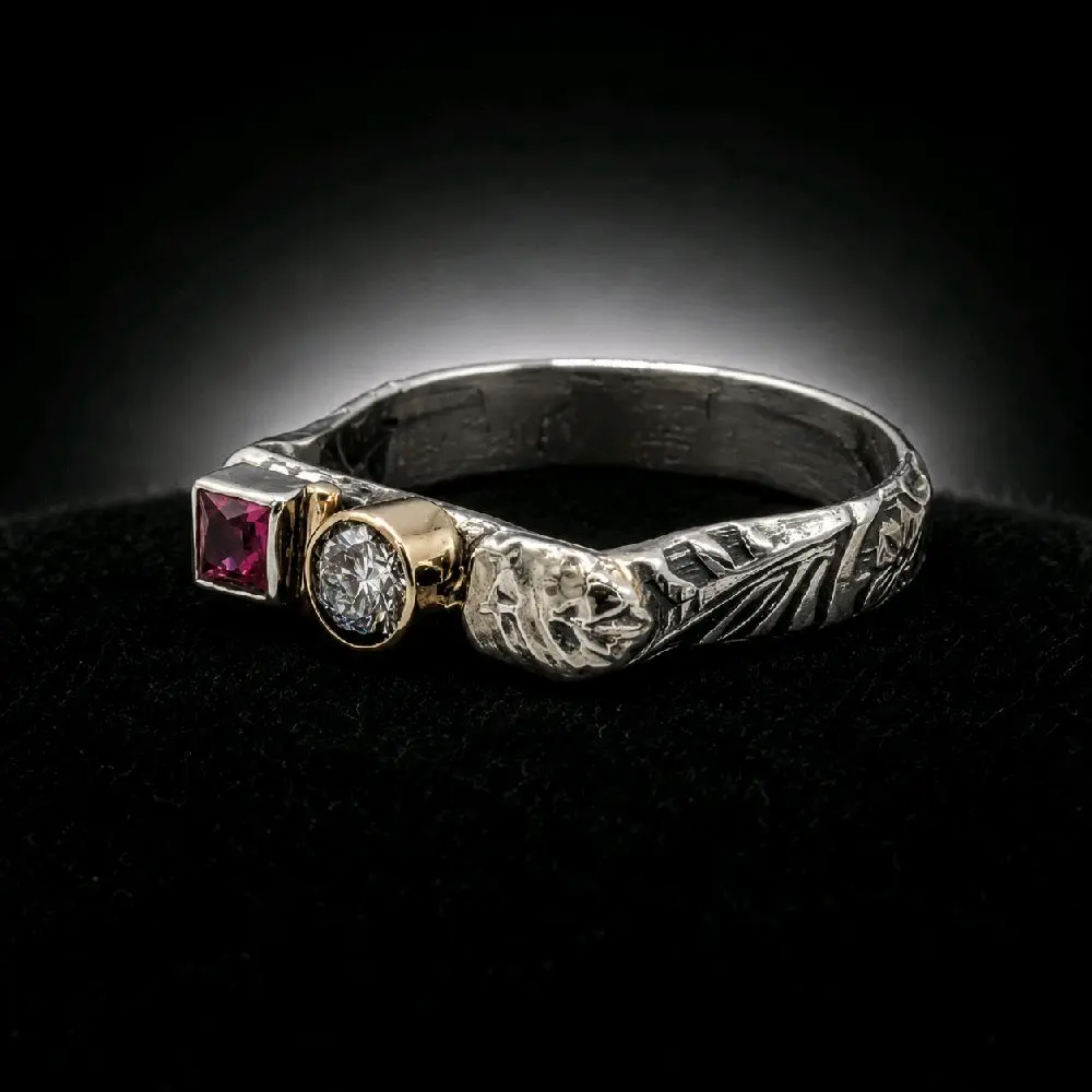 Handmade Artisan Fire & Ice Ring - 925 Sterling Silver, 10K Gold, Moissanite & Ruby Gemstones - Size 7.5 Women  Silver Birthstone Ring