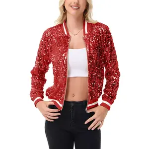 Anna-Kaci Women's Sequin Bomber Jacket with Ribbed Trim and Front Zipper Closure - X Large, Red