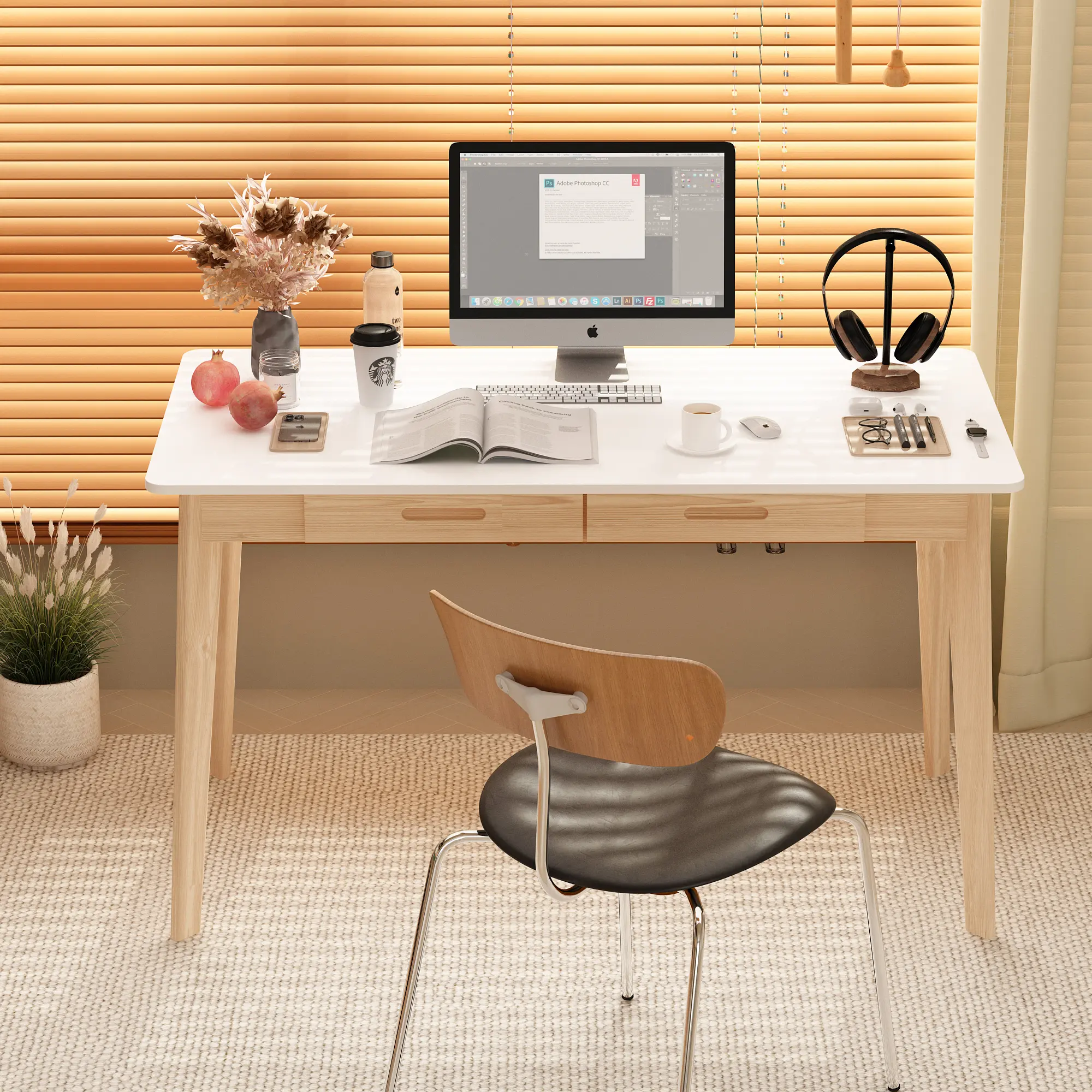FUFU&GAGA 2-Size Computer Desk with 2 Drawers, 39” Home Office Desk for Dual Monitor, Vanity, Gaming, WFH & Studio Setups, Writing Study Table for Bedroom, Dual Monitor Setup, Vanity Setup