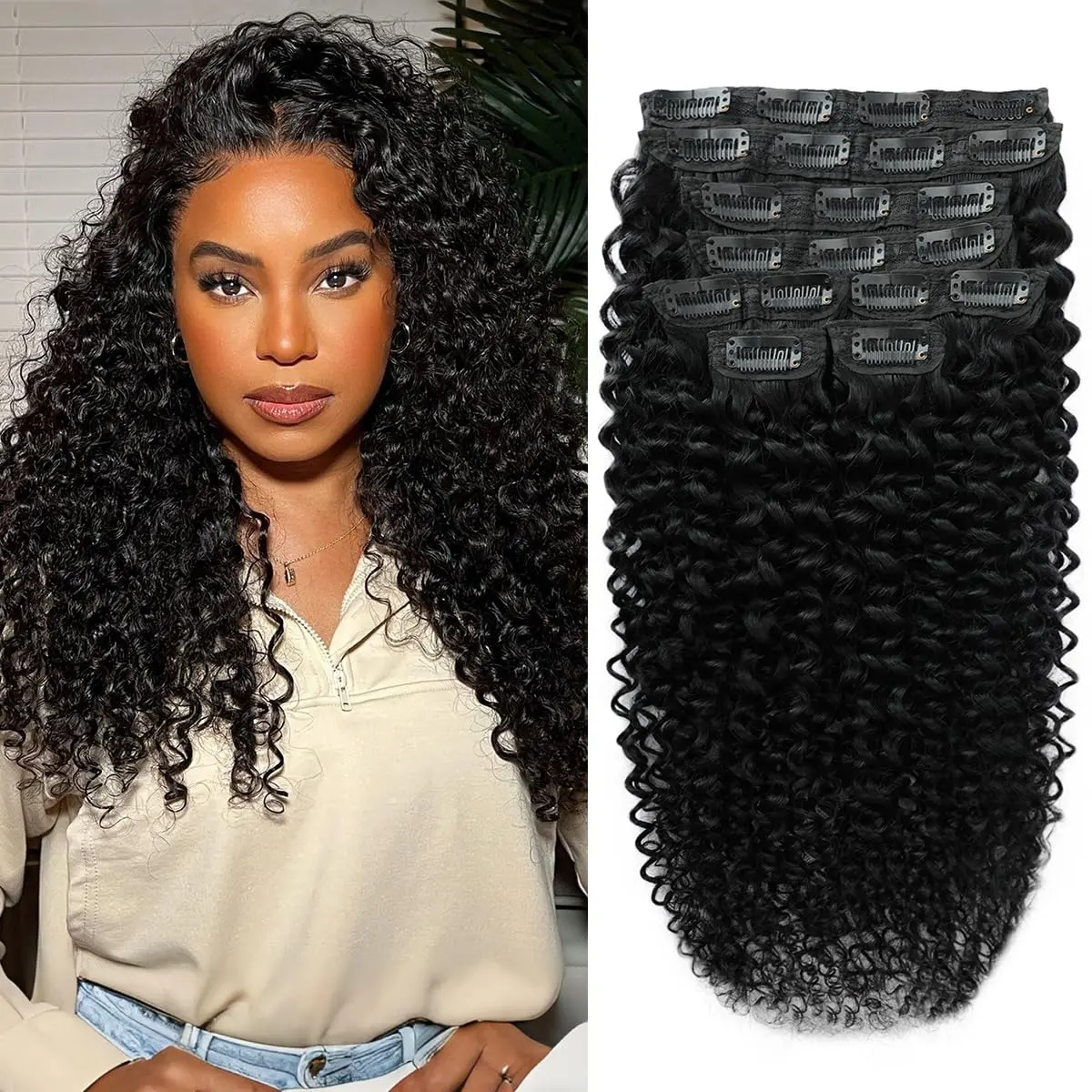 Kinky Curly Clip ins Human Hair 110g 8pcs 20 Clips 3C 4A Curly Clip In Hair Extensions Real Human Hair Brazilian Virgin Hair Full Head for Women Natural Black