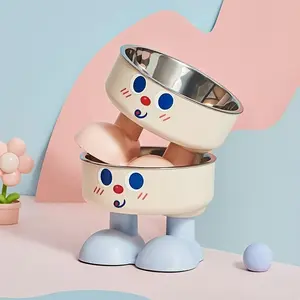 Supet Stainless Steel Elevated Pet Bowl Set, Cute Smiling Face Design, Adjustable Height Feeding Bowl, Hygienic Elevation Drinker, & Blue