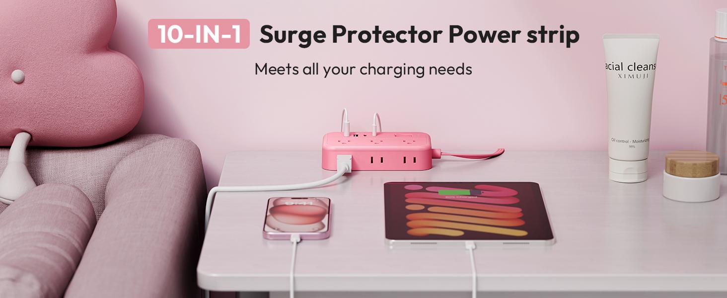 Pink Extension Cord Surge Protector Power Strip with 6 Outlets 4 USB Ports(20W), Flat Extension Cord with Multiple Outlets, 5 ft Flat Plug Outlet Extender for Indoor, Home, Office