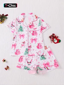 Women Christmas Pajama Set, Santa & Bowknot Tree Pattern, Short Sleeve Button-Up Shirt & Elastic Shorts, Casual All-Season Sleepwear Loungewear