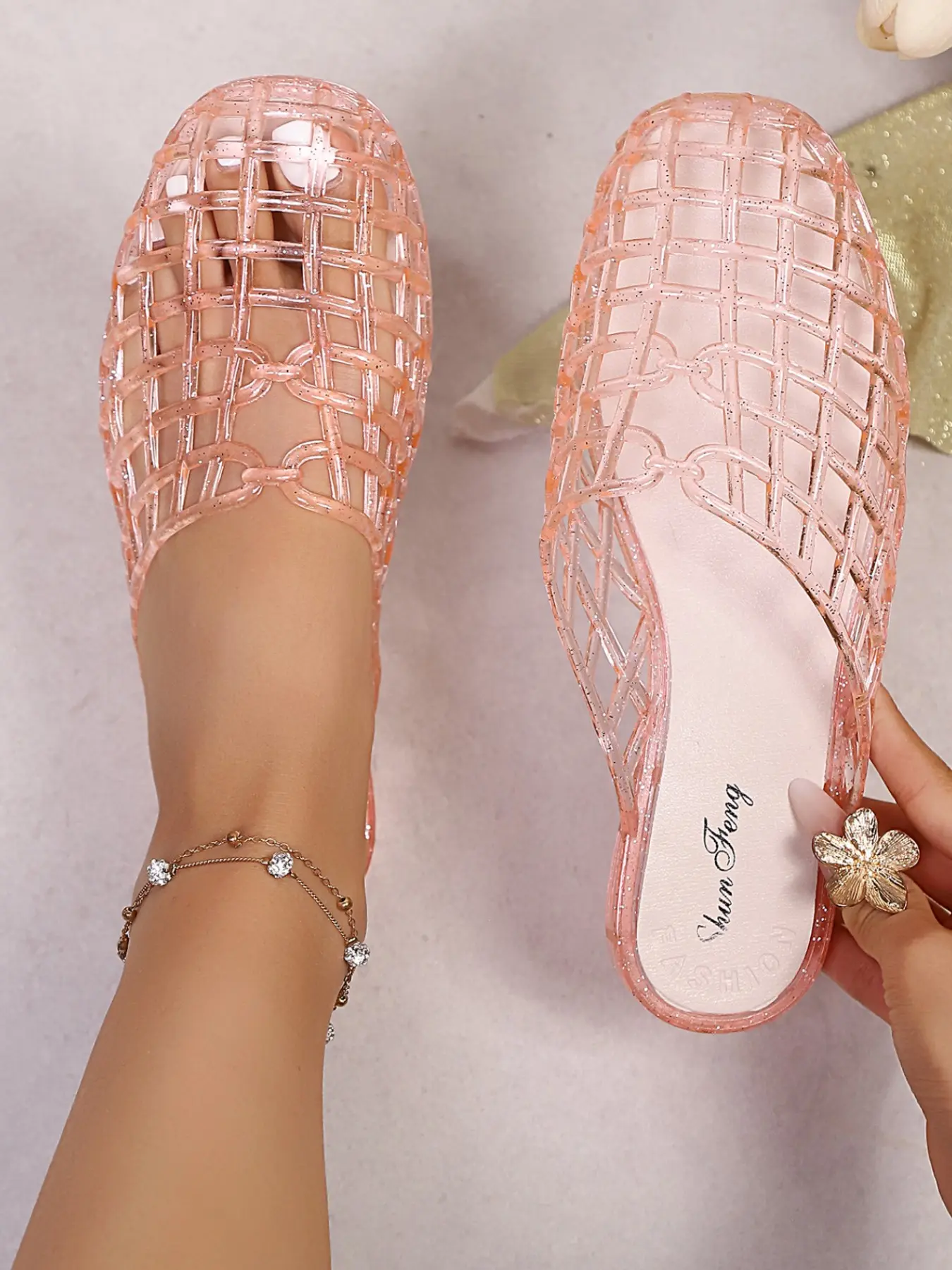 Summer Office Crystal Slippers, Non-Slip Anti-Odor Antibacterial Women's Sandals, Waterproof Beach Bathroom Shoes, Plaid Pattern, Slip On Rubber Mules
