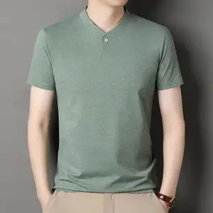Kyn Apparel 2026 Korean Style Men's Casual and Fashionable One Button V-neck Solid Color Short Sleeved T-shirt Summer Versatile Top