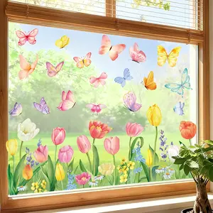 Spring Tulip Butterfly Window Stickers Set, DIY Removable Static Cling Decorative Decals, Home Decor for Bedroom Living Room