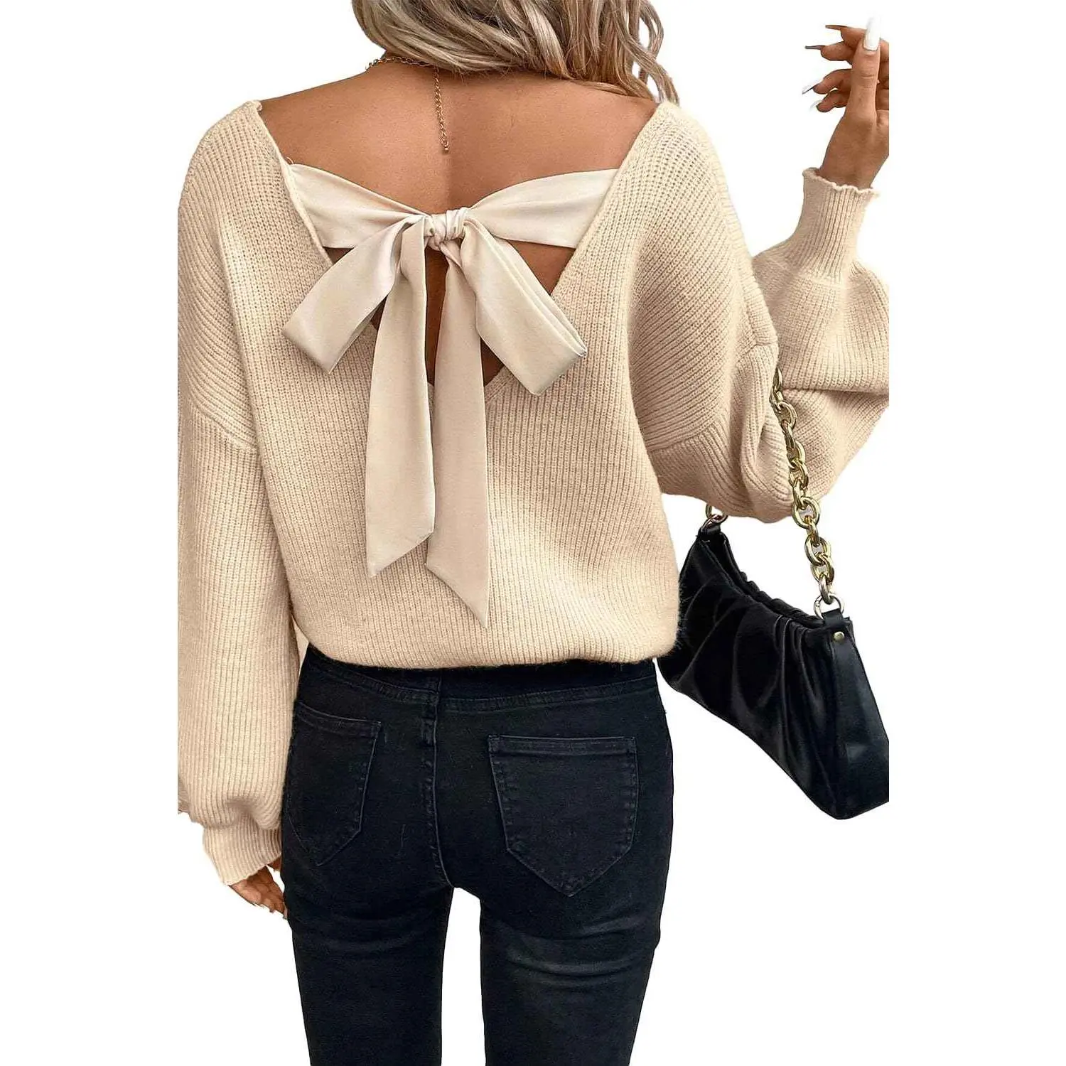 Bow Backless Deep V‑Neck Lantern Sleeve Women’s Sweater – Apricot Soft Knit Pullover with Elegant Open‑Back Bow Detail, Chic Deep V‑Neckline, Stylish Lantern Sleeves, Cozy Fall‑Winter Fashion for Casual Outings, Dates & Layering Womenswear Feminine Piece