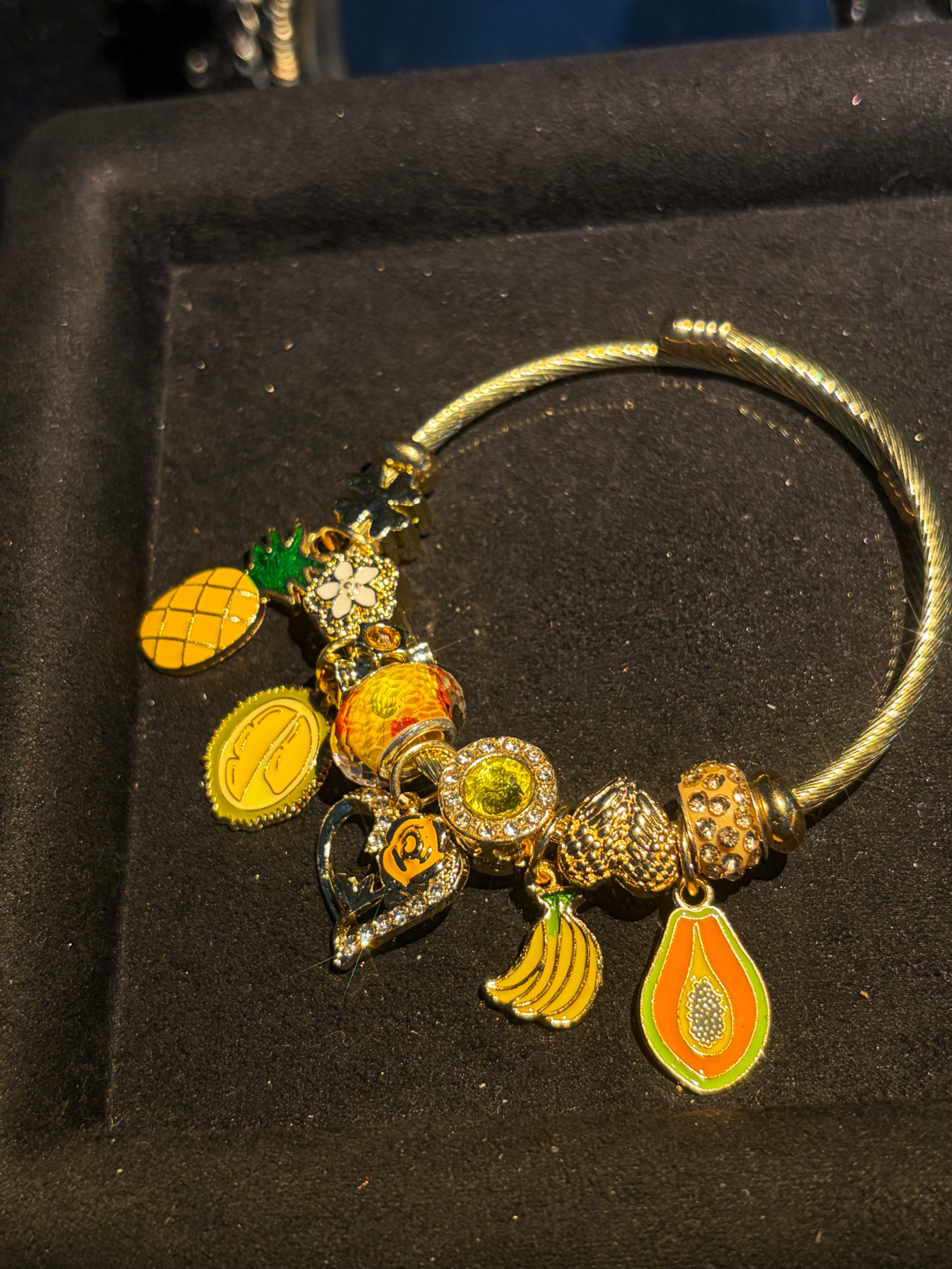 Women's Gold-Tone Adjustable Open Cuff Bracelet, Stackable Enamel Tropical Fruit Charm Bracelet with Pineapple Durian Avocado Heart Key Pendants, Rhinestone Beaded Layering Jewelry for Summer Beach, Birthday Holiday Gift for Teen Girls