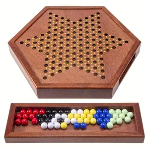 Luxury Wooden Chinese Checkers Set, 12.5 Inch Hexagonal Board with Storage Drawer, Includes 60 Acrylic Marble Pieces & 12 Backup Pieces