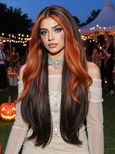 32 Inch Long Wavy Wigs for Women, Gorgeous Flame Orange Flame Red Highlight Wigs without Bangs, Synthetic T Part Lace Wigs for Party, Daily Use