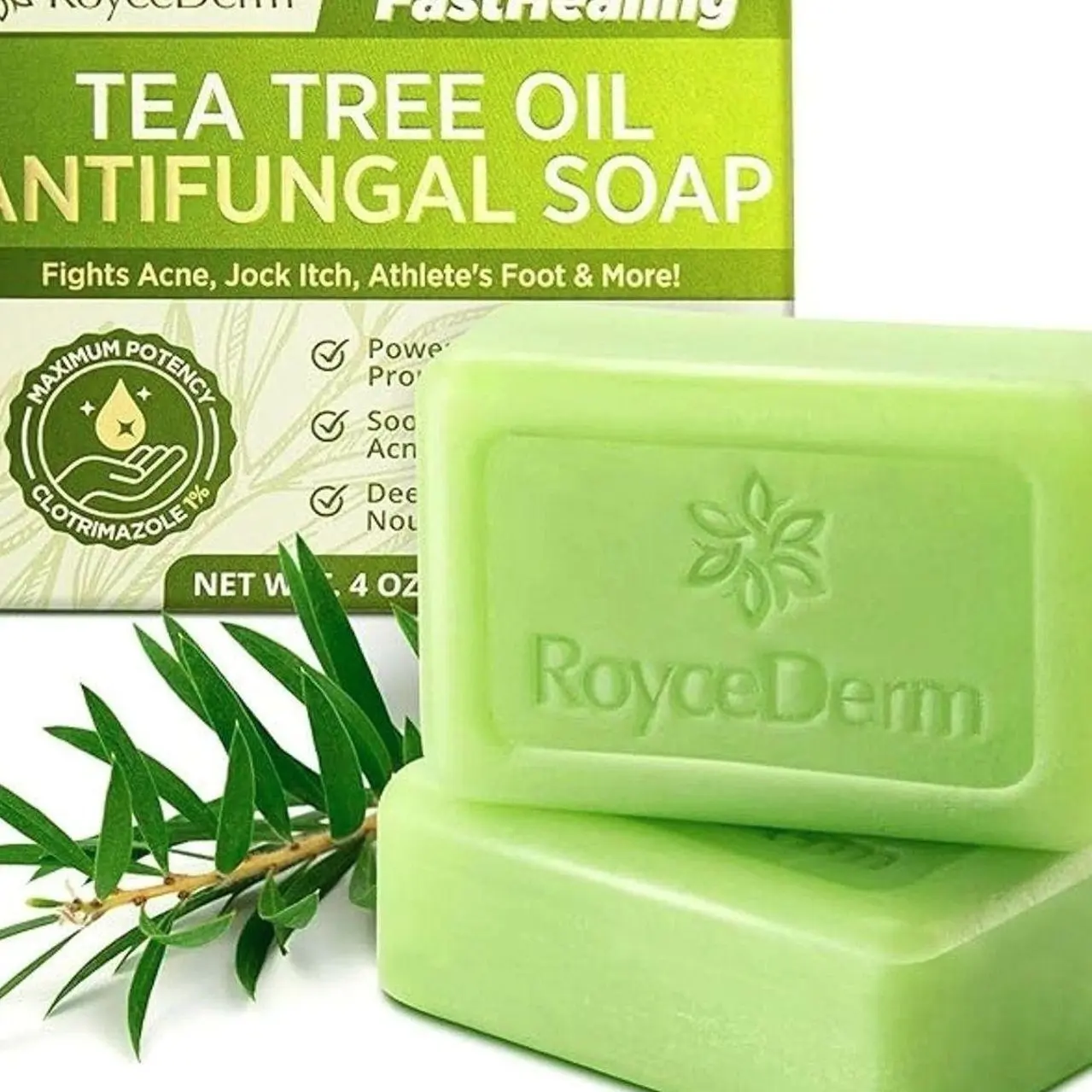 Roycederm Antifungal Antibacterial Tea Tree Soap: Antifungal Antibacterial Treatment for Face & Body Acne, Athlete's Foot, Tinea, Folliculitis Ringworm Jock Itch (Pack of 1)