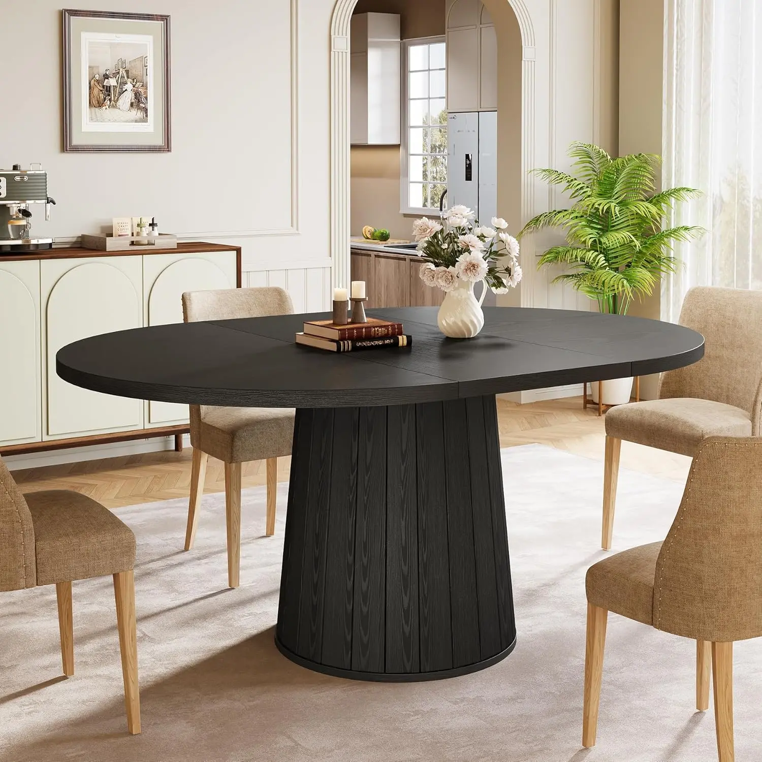 LITTLE TREE Oval Dining Table for 6 People, 55.11-Inch Farmhouse Kitchen Dinner Table with Cylindrical Pedestal LITTLE TREE Oval Dining Table for 6 People, 55.11-Inch Farmhouse Kitchen Dinner Table with Cylindrical Pedestal
