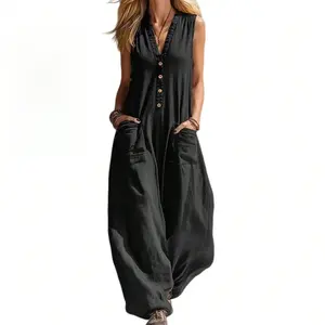 Women's 2026 Casual Cotton-Linen Short-Sleeve Button-Down Overalls, Loose Wide-Leg Jumpsuit Romper with Pockets