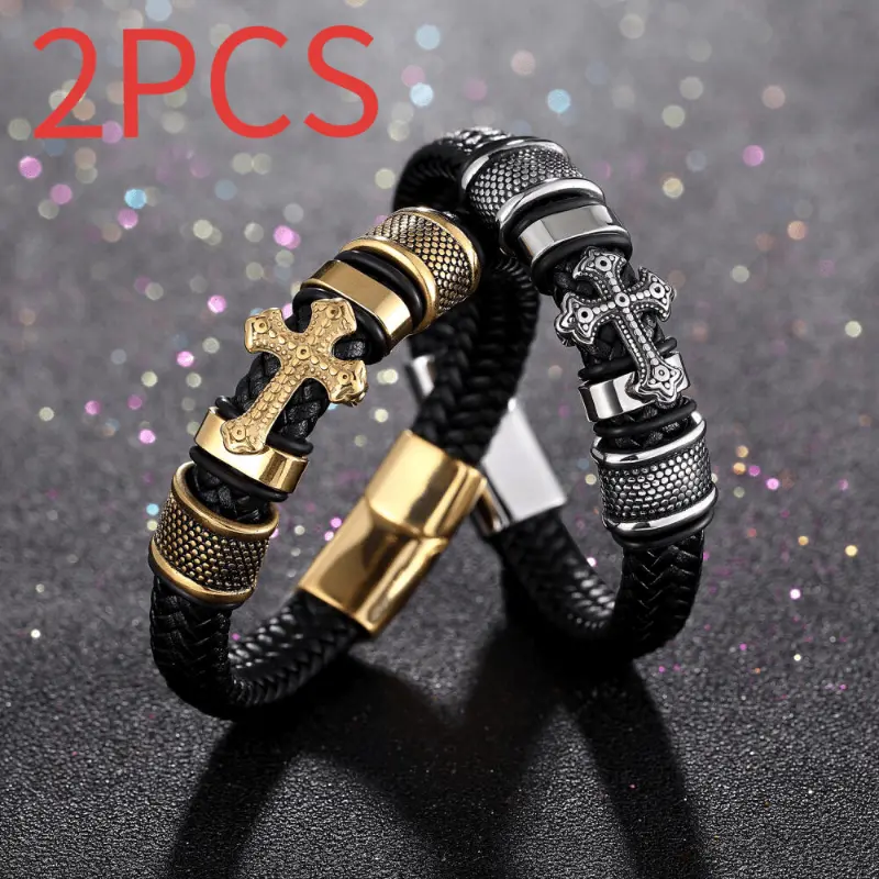 Men's 2-Piece Retro Bracelet Set in Multi-Layer Leather with a Stainless Steel Cross, Casual Stackable Fashion Jewelry, Stackable Bracelets