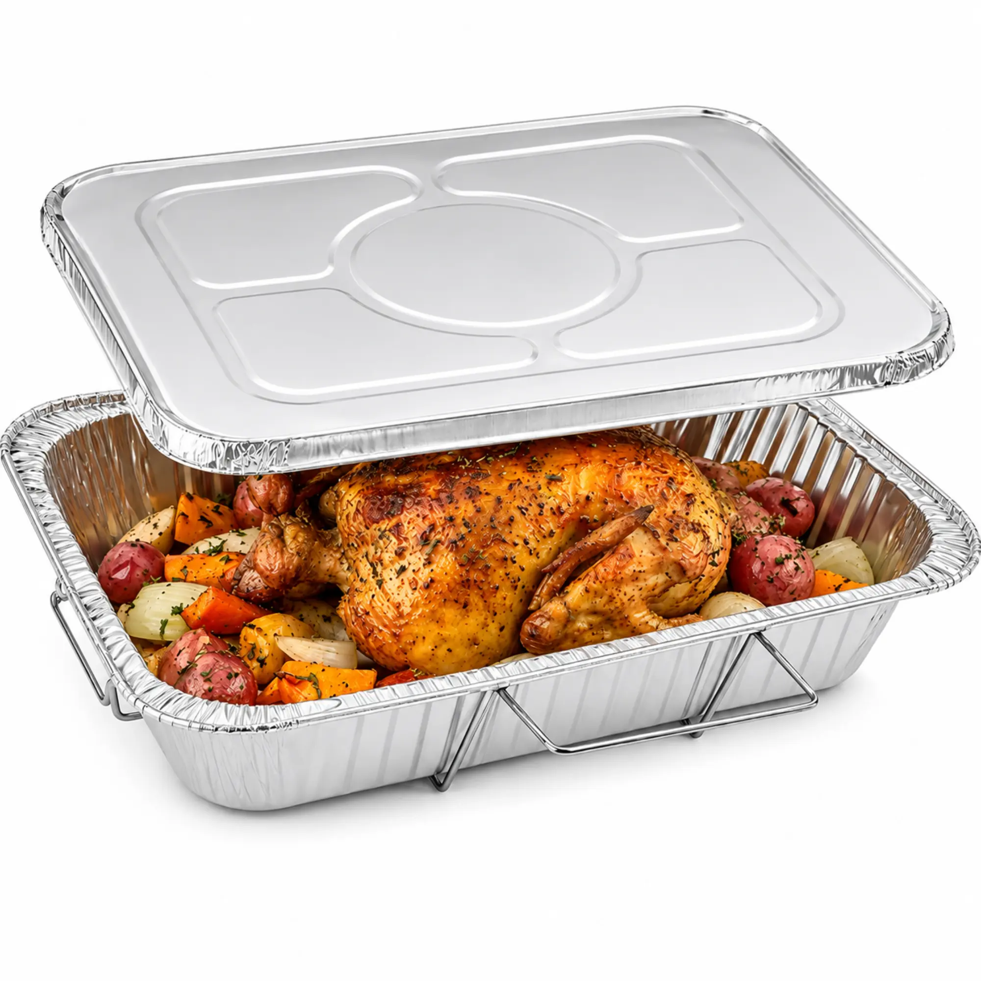 VeZee Full Size Aluminum Roasting Pan 20.75 x 12.75 x 3 Inch with Handle Rack & Lid, Heavy Duty Disposable Foil Baking Tray for Turkey, Chicken, Catering, BBQ, Meal Prep, Parties & Holiday Cooking
