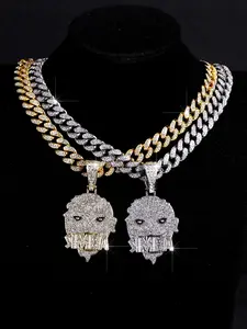 Street Hip-Hop Style Clown Necklace with Letter Pendant, Sparkling Bling Rhombus Cuban Link Chain, Sophisticated Design for Men & Women