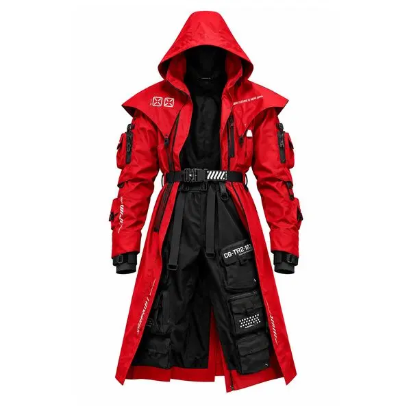 Men's Red Hooded Cyberpunk Trench Coat Long Gothic Techwear Jacket with Tactical Straps Utility Pockets Asymmetric Design Futuristic Streetwear Style