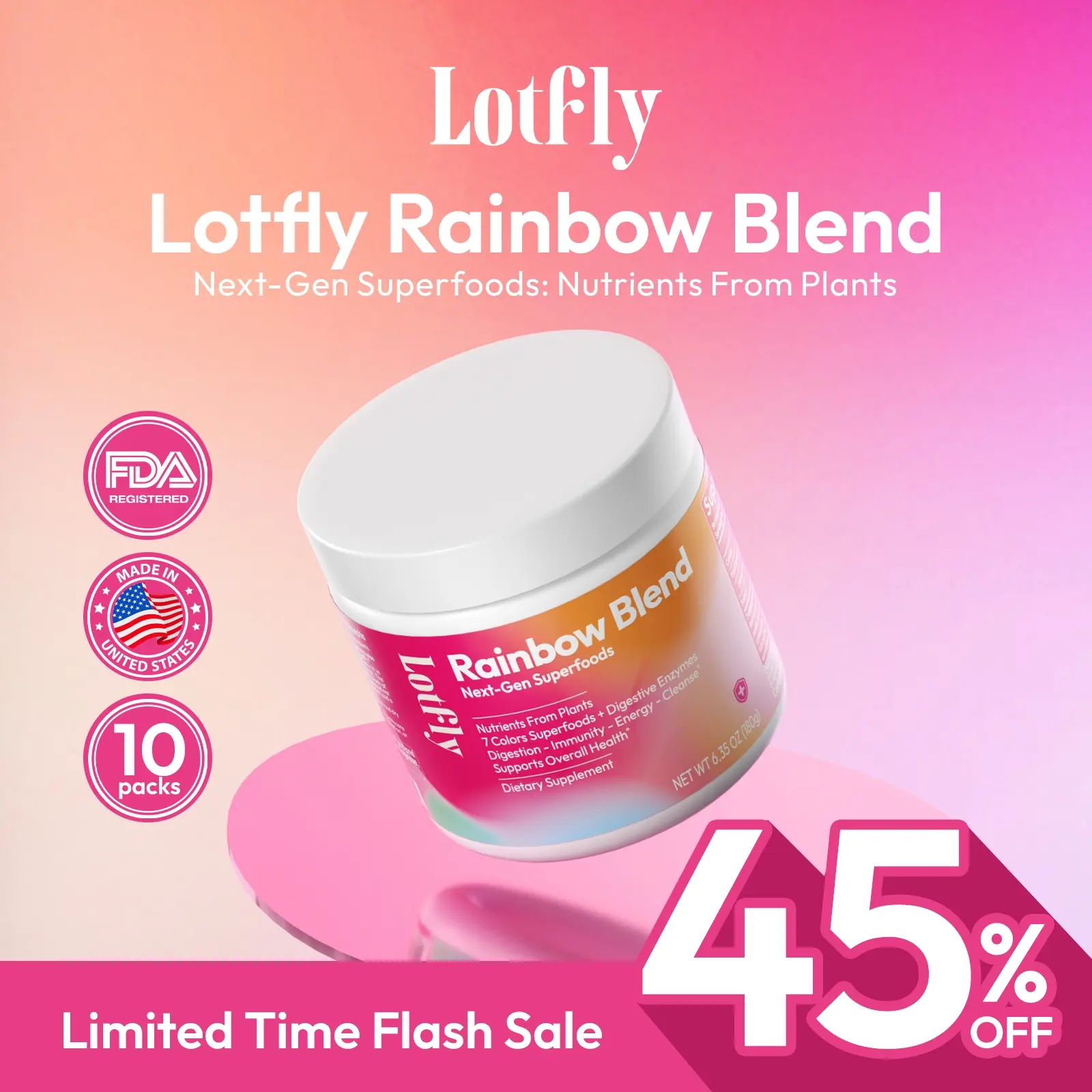 [for Creators] LOTFLY Boost Wellness 7-Color Rainbow Nutrition – Anti-Inflammatory 255g Powder with Fruit & Vegetable Extracts for Fitness, Digestion & Wellness