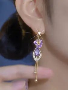 Purple Zircon Flower Tassel Earrings for Women 14K Gold-Plated Elegant Luxury Dangle Jewelry with Sparkling Crystal Accents Unique Trendy Design