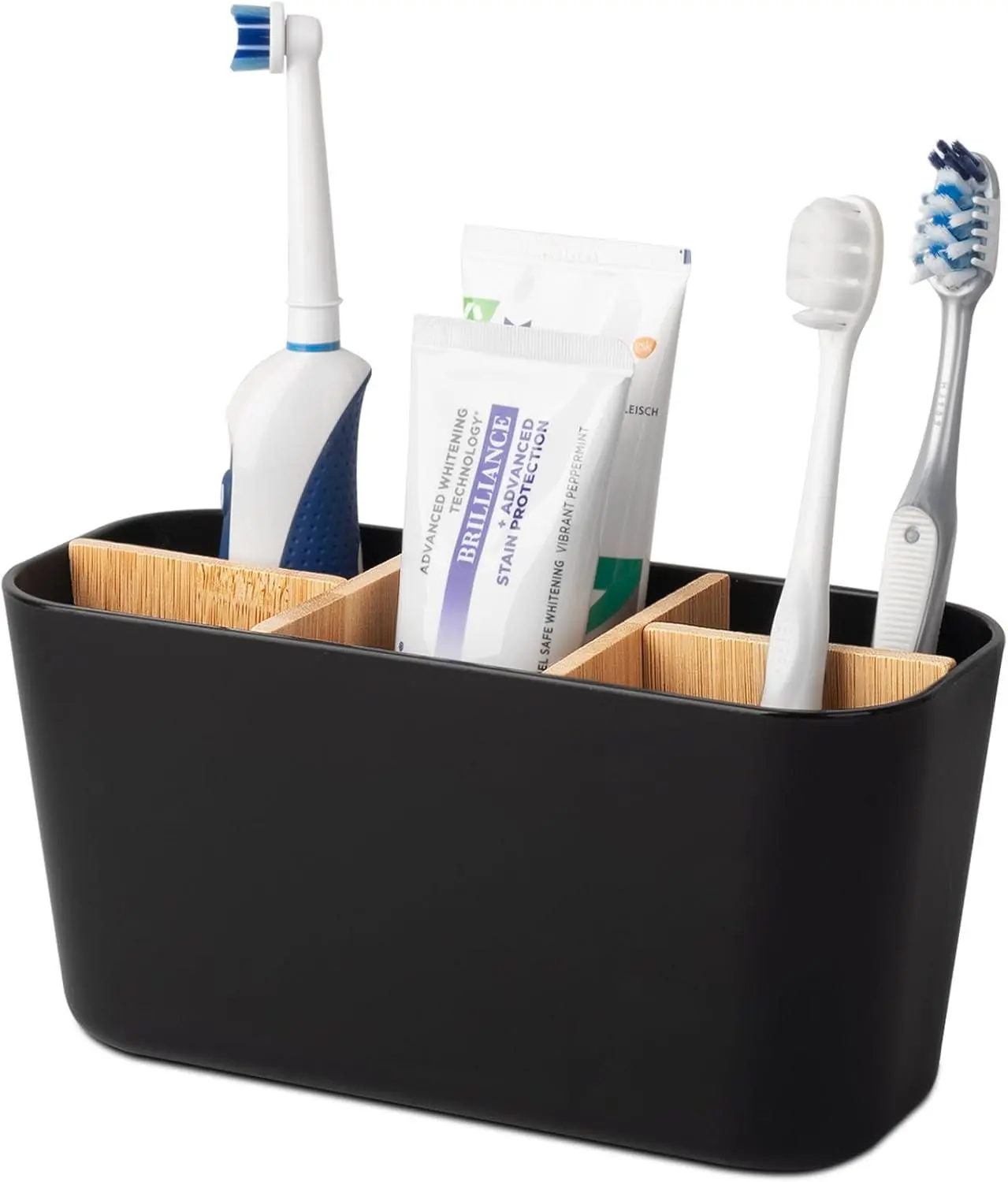 Heagoale Minimalist Modern Bamboo Toothbrush and Toothpaste Holder - 5-Slot Bathroom Accessory with Removable Divs, 7.5" x 3.0" x 3.9" Durable Vanity Countertop Organizer for Electric Brushes, Razors - Black