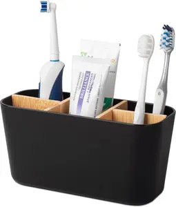 Heagoale Minimalist Bamboo Toothbrush Holder, 5-Slot Bathroom Countertop Organizer for Electric Toothbrushes, Toothpaste, Razors - Black