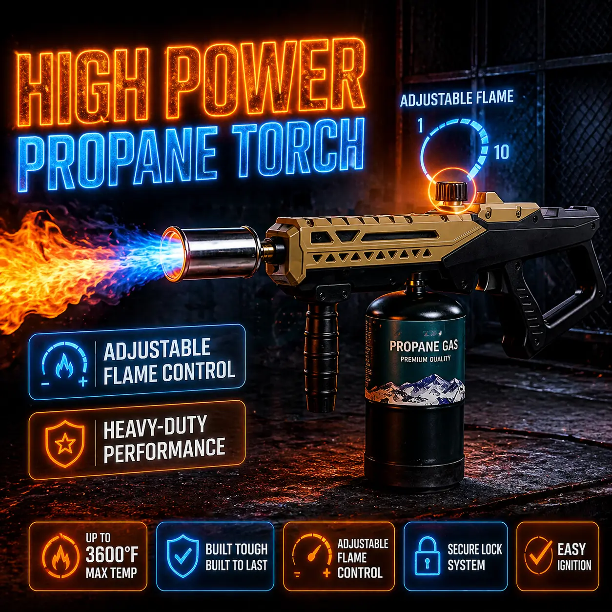 Powerful Propane Torch Gun with Adjustable Flame Control, Outdoor Gadgets for BBQ Grilling, Steak Searing, Charcoal Lighter, Campfire Starting, Tank Not Included (Tools & Hardware Power Tool), Outdoor Cooking, Versatile Use