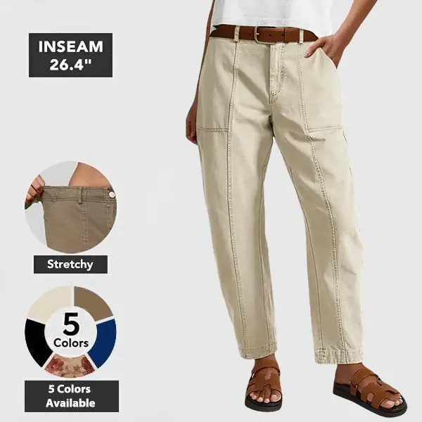 Flamingals Solid Stitch Detail Mid Waist Baby Barrel Fit Deep Pockets Pants High Stretch 26.4" Inseam Casual Women's Fashion Elevated Basic Flamingals Solid Stitch Detail Mid Waist Baby Barrel Fit Deep Pockets Pants High Stretch 26.4" Inseam Casual Women's Fashion Elevated Basic