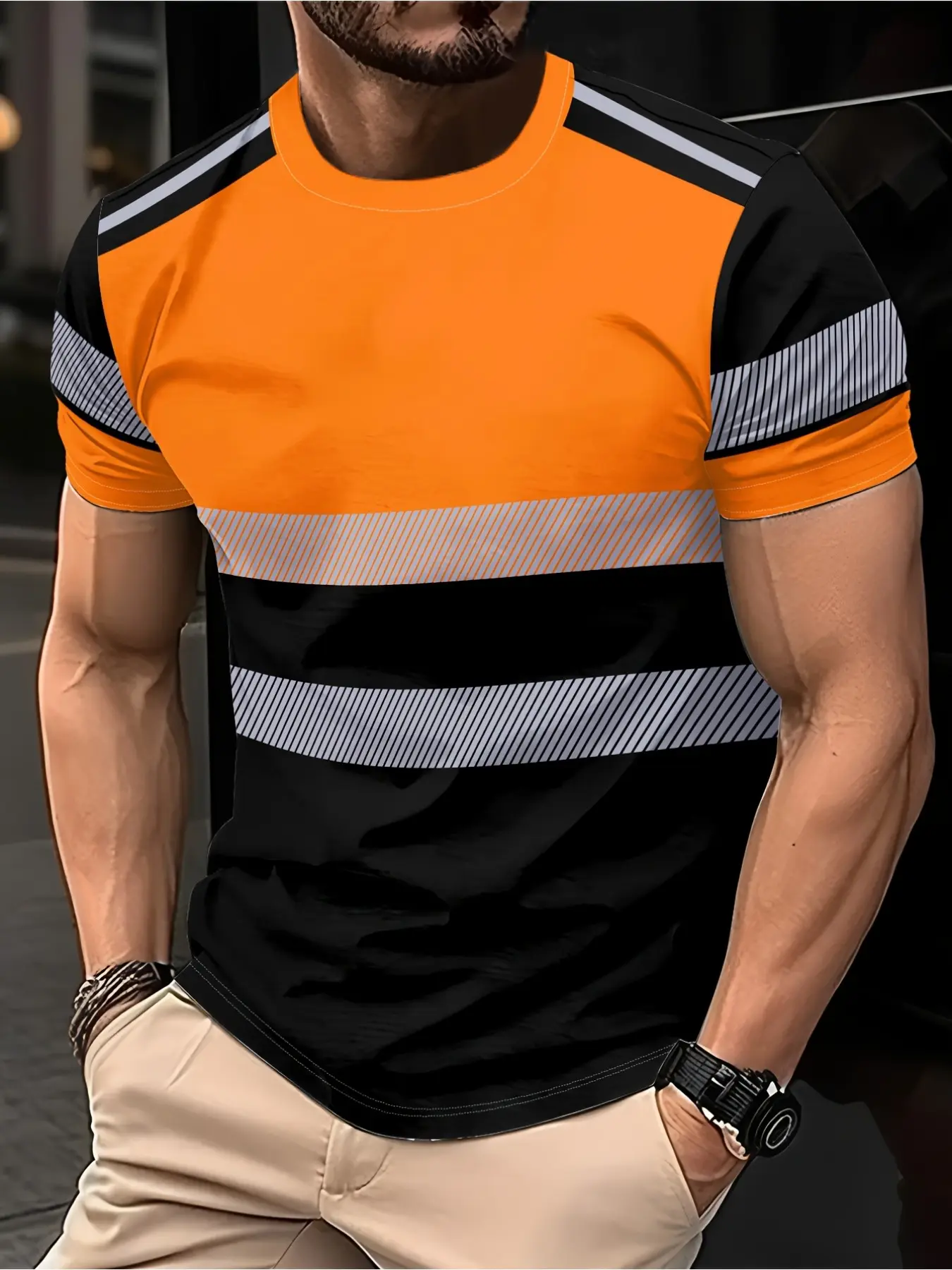 Men's casual summer Tropical short-sleeved T-shirt, Round neck, featuring a color combination of fluorescent yellow-green and black, made of lightweight and quick-drying knitted fabric, Casual Graphic Tee
