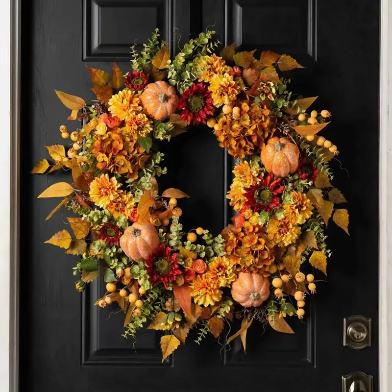 Halloween Pumpkin Wreath Front Door Decor, 17.72 Inch Farmhouse Fall Harvest Berry Ball Garland, Thanksgiving Indoor Corridor Decoration, Home Decor Ornament