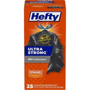 Hefty Ultra Strong Multipurpose Large Trash Bags, Black, Unscented, 30 Gallon, 25 Count