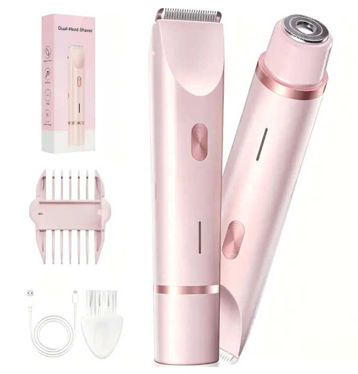 Bikini Trimmer for Women, 2-in-1 Electric Shaver & Razor for Body Hair Removal, Rechargeable Dual Head Epilator for Pubic Hair, Face & Legs, Smooth Skin Summer Gift, Cordless Wet Dry Use