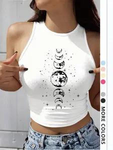 Women's Moon Graphic Print Gym Tank Top, Casual Round Neck Sleeveless Vest for Vacation Swimming Beachwear, Comfortable Home Clothing