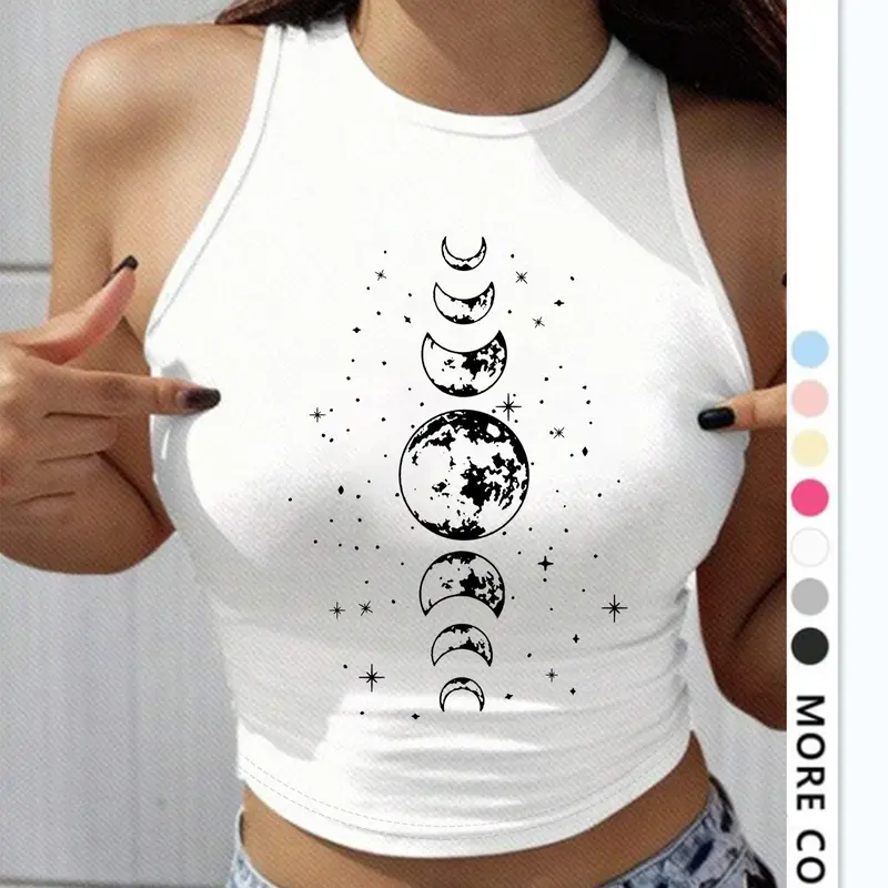 Women's Moon & Star Print Round Neck Tank Top, Casual Sleeveless Graphic Top for Summer, Ladies Clothes for Daily Wear, Stylish Tank Tops, Fashion Tank Top